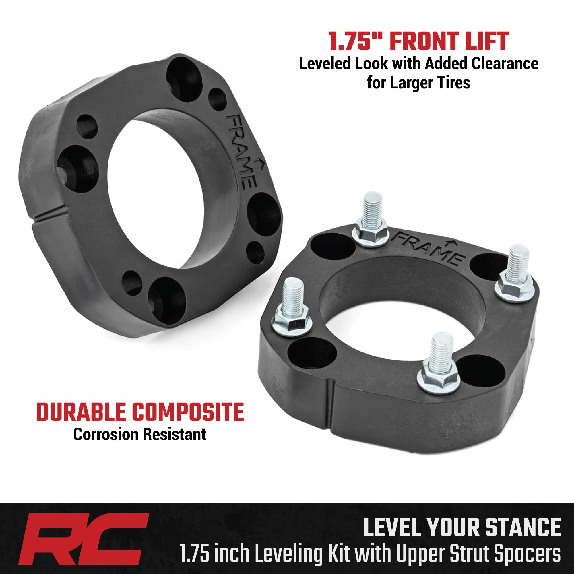 1.75" Rough Country Front Leveling Kit for Toyota Tundra (2022–2026) - Custom Composite Upper Strut Spacers, Bolt-On Suspension Lift