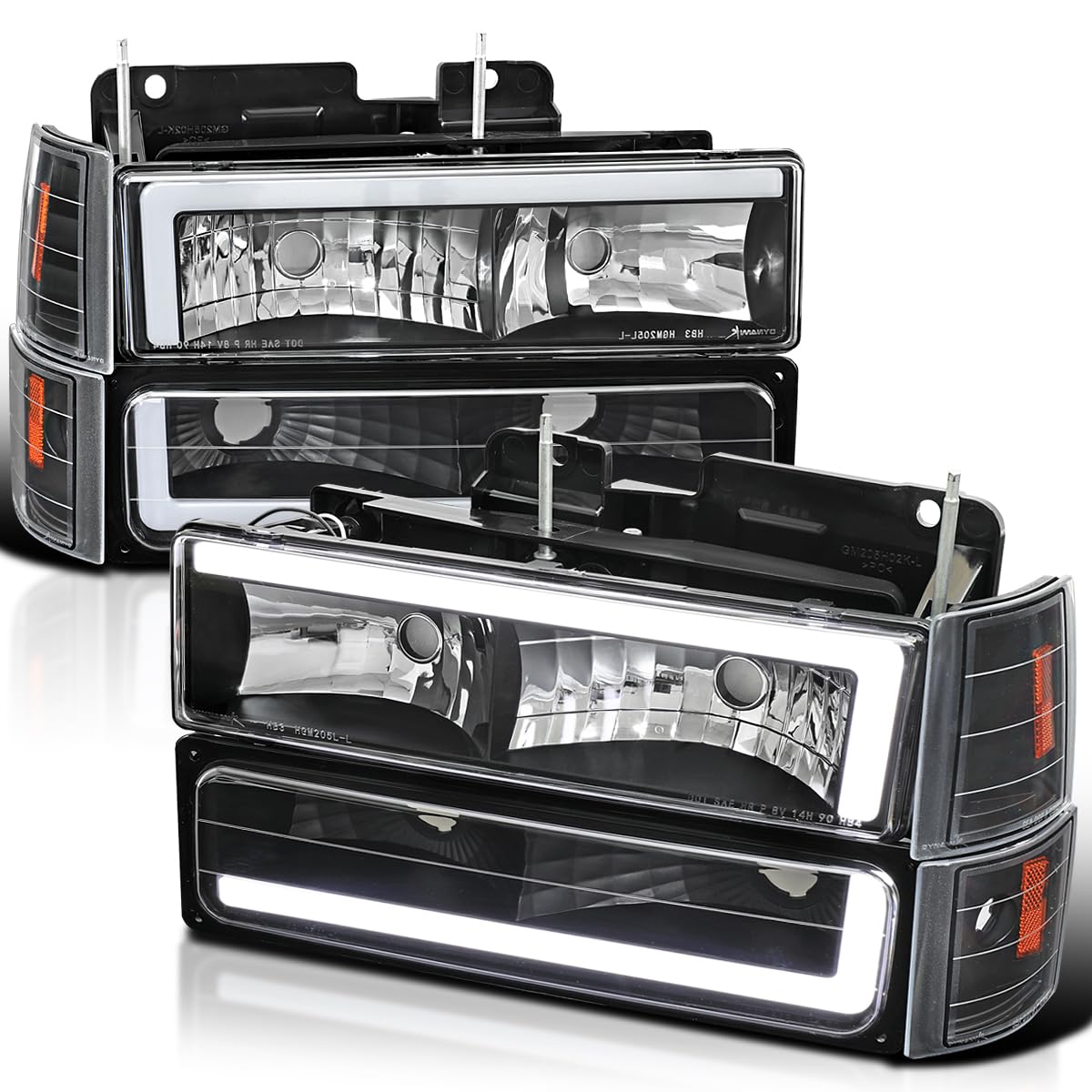Black LED Tube Headlights + Bumper Parking + Corner Lights SPEC-D TUNING Compatible with 1994-1998 GMC C10 Pickup Sierra Suburban Yukon Left + Right Pair Assembly