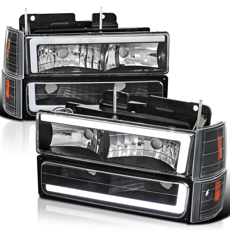 Black LED Tube Headlights + Bumper Parking + Corner Lights SPEC-D TUNING Compatible with 1994-1998 GMC C10 Pickup Sierra Suburban Yukon Left + Right Pair Assembly