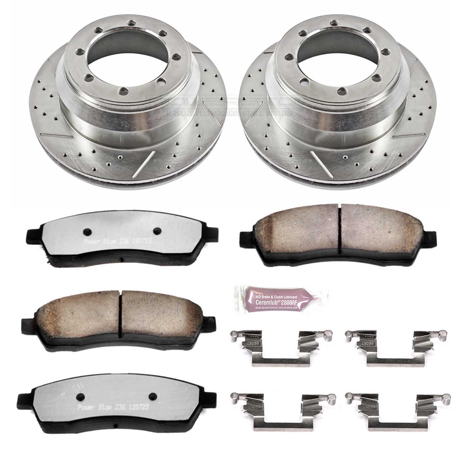 Rear Power Stop K1889-36 Z36 Truck & Tow Brake Kit, Carbon Fiber Ceramic Brake Pads and Drilled/Slotted Brake Rotors For Ford F-350 Super Duty 1999-2004 [Model Specific]