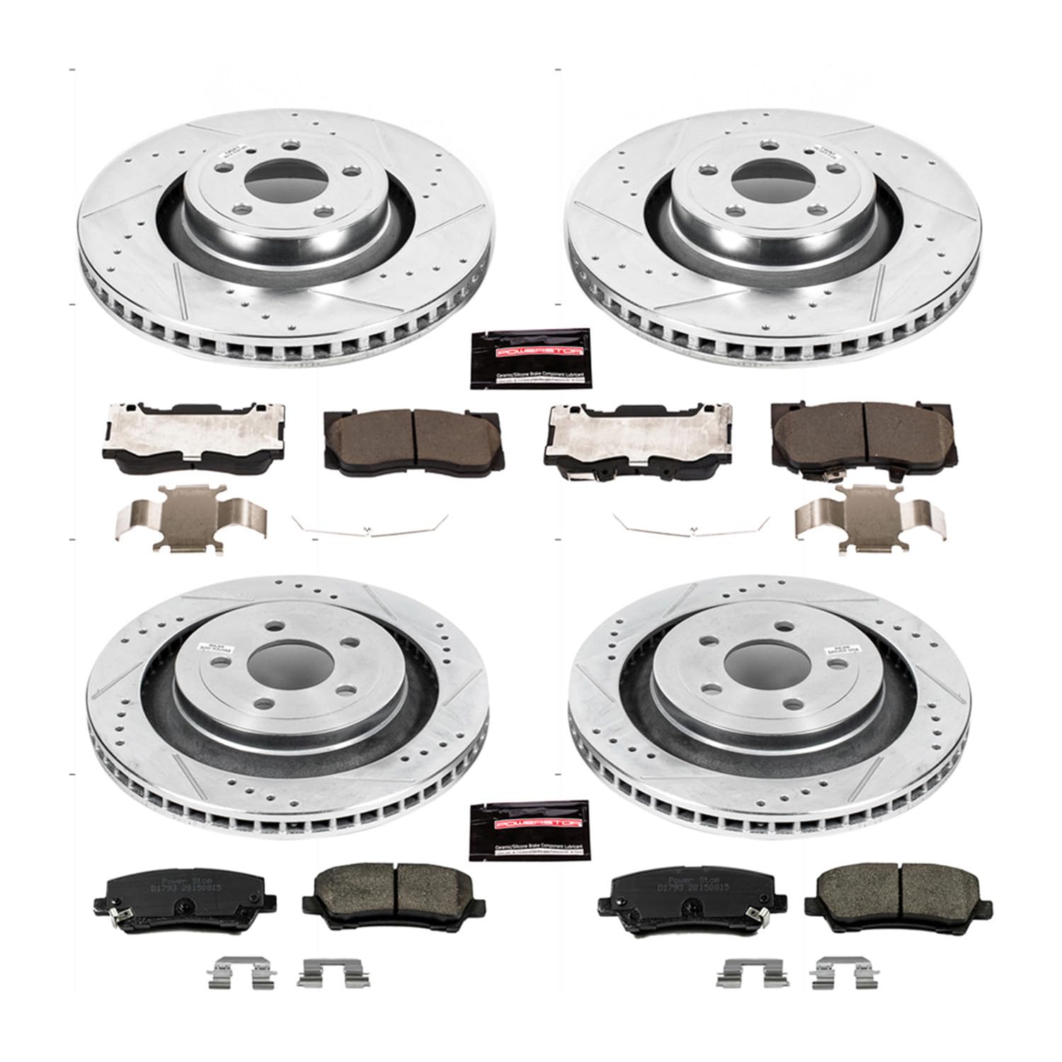 Power Stop K6805 Z23 Carbon Fiber Brake Pads Front and Rear with Drilled and Slotted Brake Rotors Kit For 2015 2016 2017 2018 2019 2020 2021 2022 Ford Mustang GT EcoBoost S550
