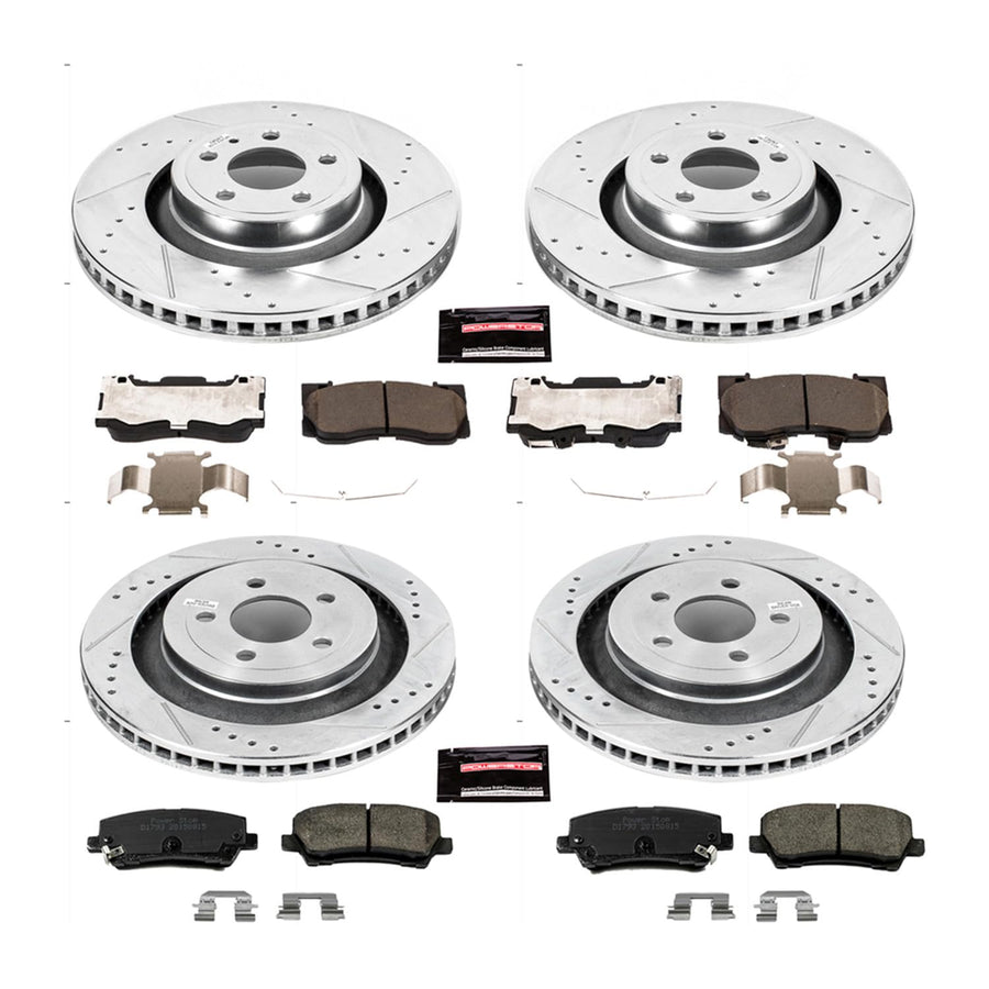 Power Stop K6805 Z23 Carbon Fiber Brake Pads Front and Rear with Drilled and Slotted Brake Rotors Kit For 2015 2016 2017 2018 2019 2020 2021 2022 Ford Mustang GT EcoBoost S550