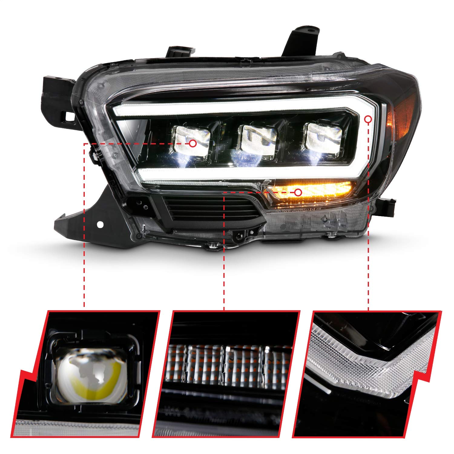TOYOTA TACOMA 16-22 ANZO USA LED PROJECTOR HEADLIGHTS PLANK STYLE BLACK W/AMBER (FOR HALOGEN DRL)