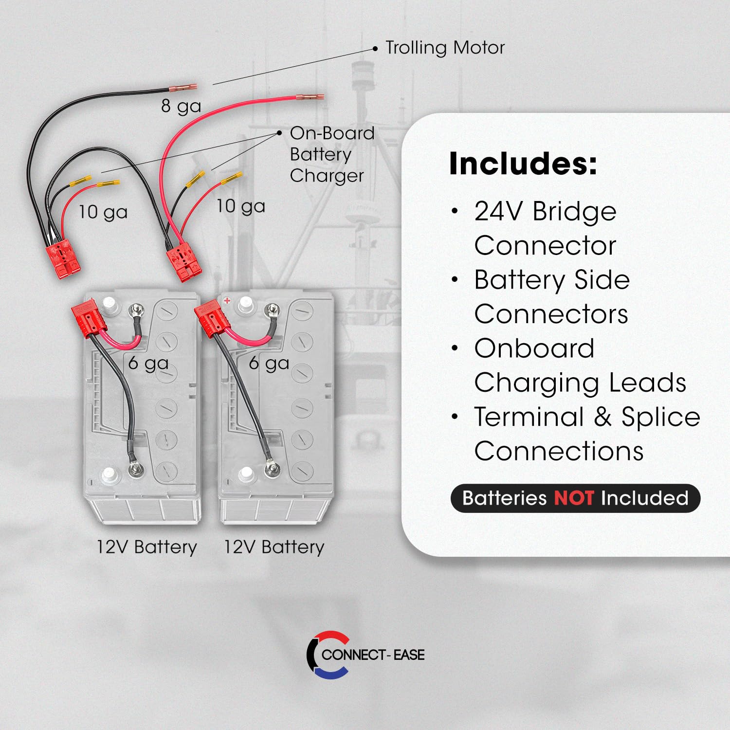 24V Connect-Ease Trolling Motor Connection Kit RCE24VBCHK | Series Connection for 12V Batteries with Onboard Charging Charger Leads | Marine-Grade Components | Plug & Play | Batteries Not Included