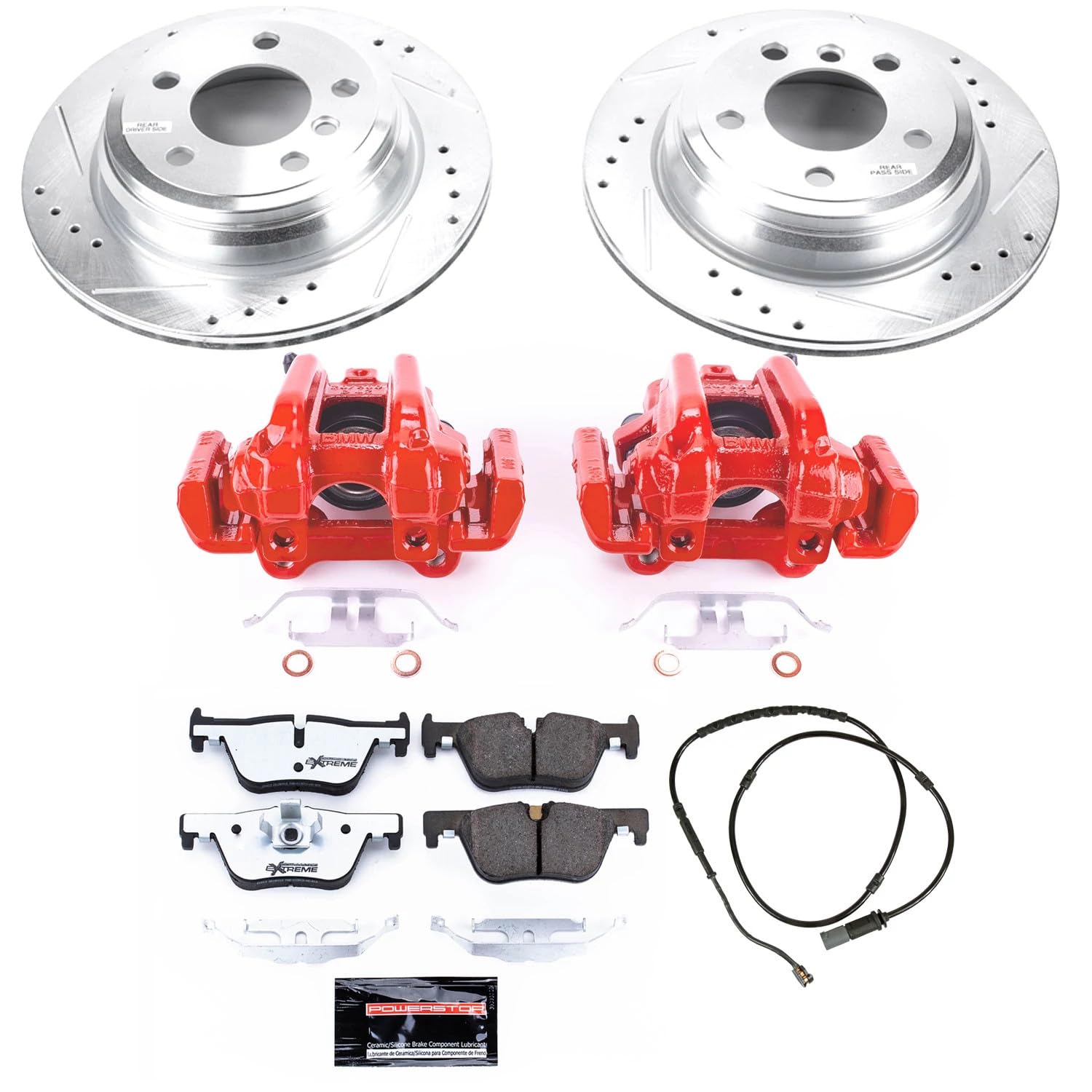 Power Stop Z26 Street Warrior Rear Brake Kit-Brake Rotors, Brake Pads & Calipers KC6852-26 and 1 Rear Sensor Wire
