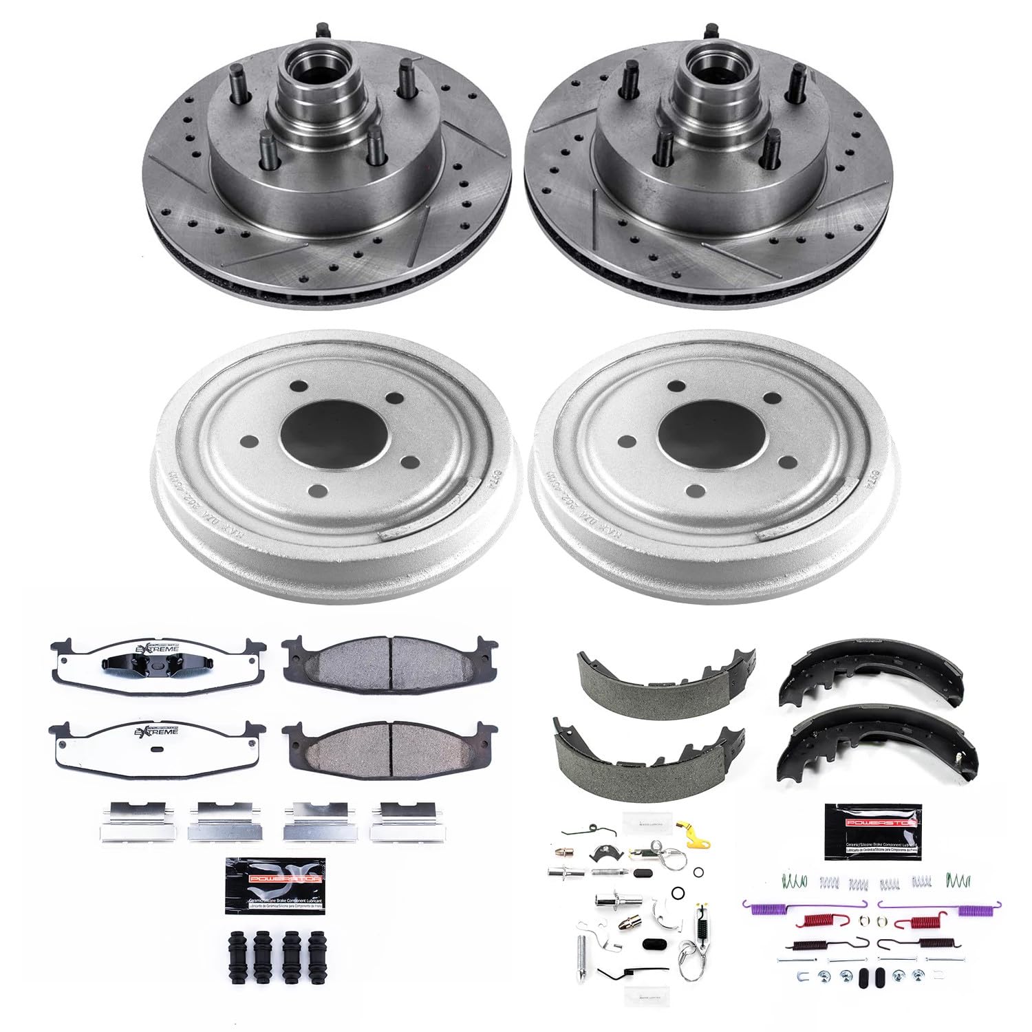 Power Stop K15171DK-36 Z36 Truck & Tow Front and Rear Brake Kit, Carbon Fiber Ceramic Brake Pads and Drilled/Slotted Brake Drums