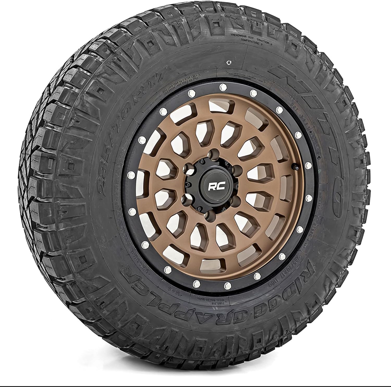 17x8.5" Rough Country 87 Series Bronze Aluminum Wheel with Black Ring & Simulated Beadlock - 6x5.5 Bolt Pattern, +0mm Offset, Durable One-Piece Rim for Trucks & Jeeps