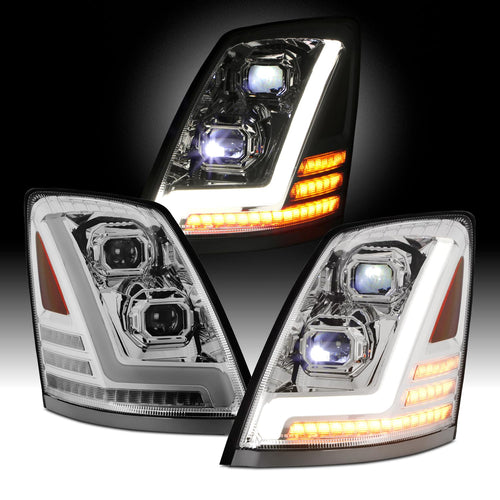 AKKON - 2004-2017 Fit Volvo VNL [Full LED DRL Dual Lens] Projector Headlights Lamps Chrome Left Driver + Right Passenger