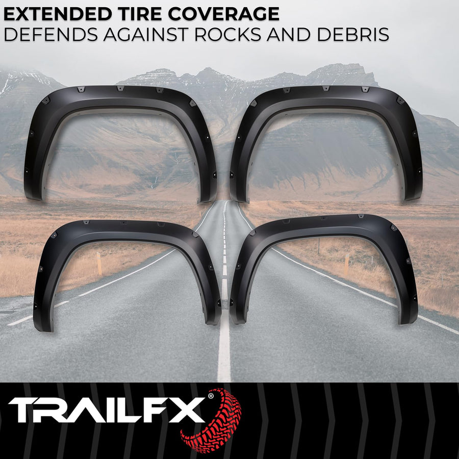 TrailFX Pocket Fender Flares TFT3004S Fits 2022-2025 Toyota Tundra Smooth Black Paintable 1.75" Front & Rear Flares, 4.5" Flare Height, Set of 4 with Stainless & Black Rivets TrailFX TFT3004S