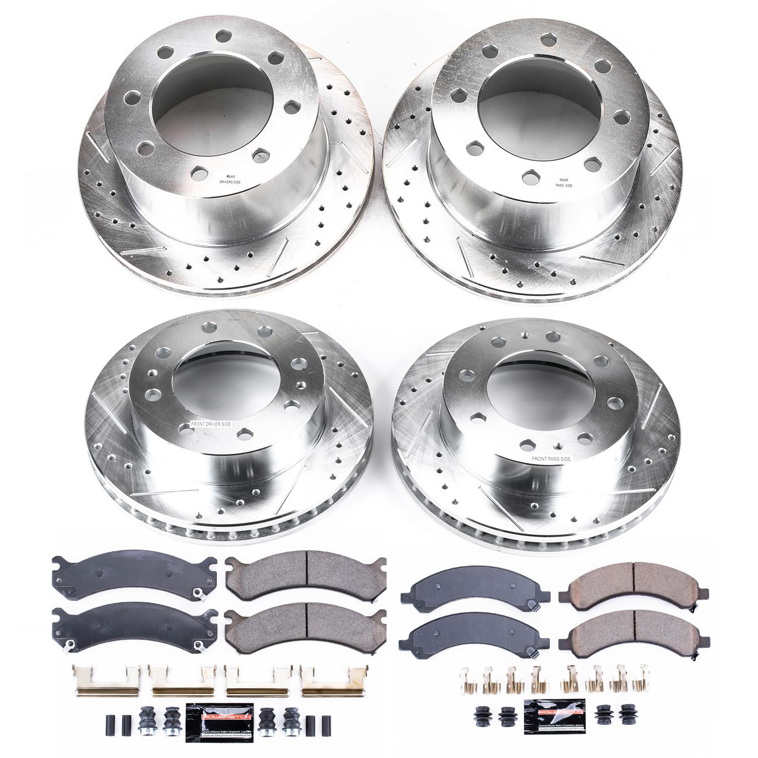 Power Stop K4528 Z23 Carbon Fiber Brake Pads Front and Rear with Drilled & Slotted Brake Rotors Kit For Chevrolet Express 3500 2003-2008, GMC Savana 3500 2003-2008 [Model Specific]