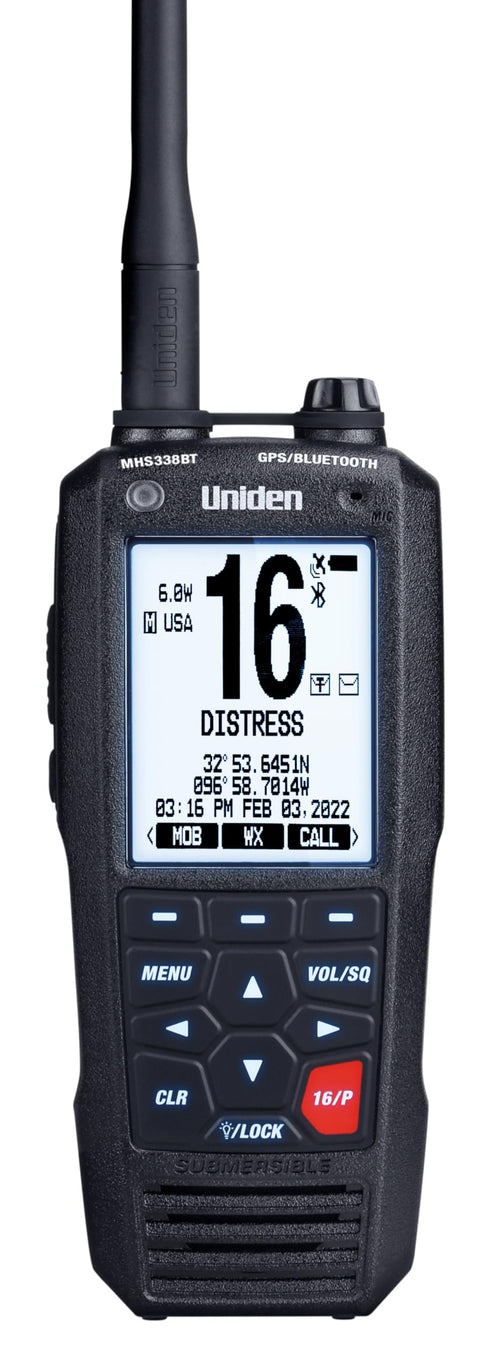 Floating, Handheld Uniden MHS338BT Marine VHF Radio, 6-Watts, GPS and Bluetooth, Submersible IPX8, Emergency Strobe & Flashlight, NOAA Weather Alerts, FM Radio, Chargeing Cradle & Li-ion Battery.
