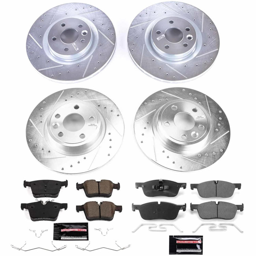 Power Stop K8198 Z23 Carbon Fiber Brake Pads Front and Rear with Drilled & Slotted Brake Rotors Kit For Land Rover Discovery Sport 2018-2019 [Model Specific]