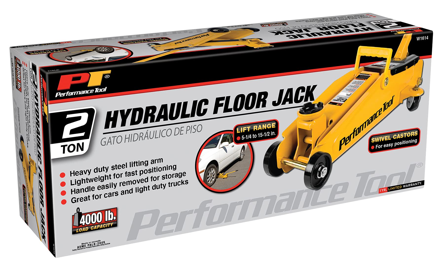 2 Ton Performance Tool W1614 Capacity Floor Jack Made With Heavy Duty Steel And Swivel Rear Casters