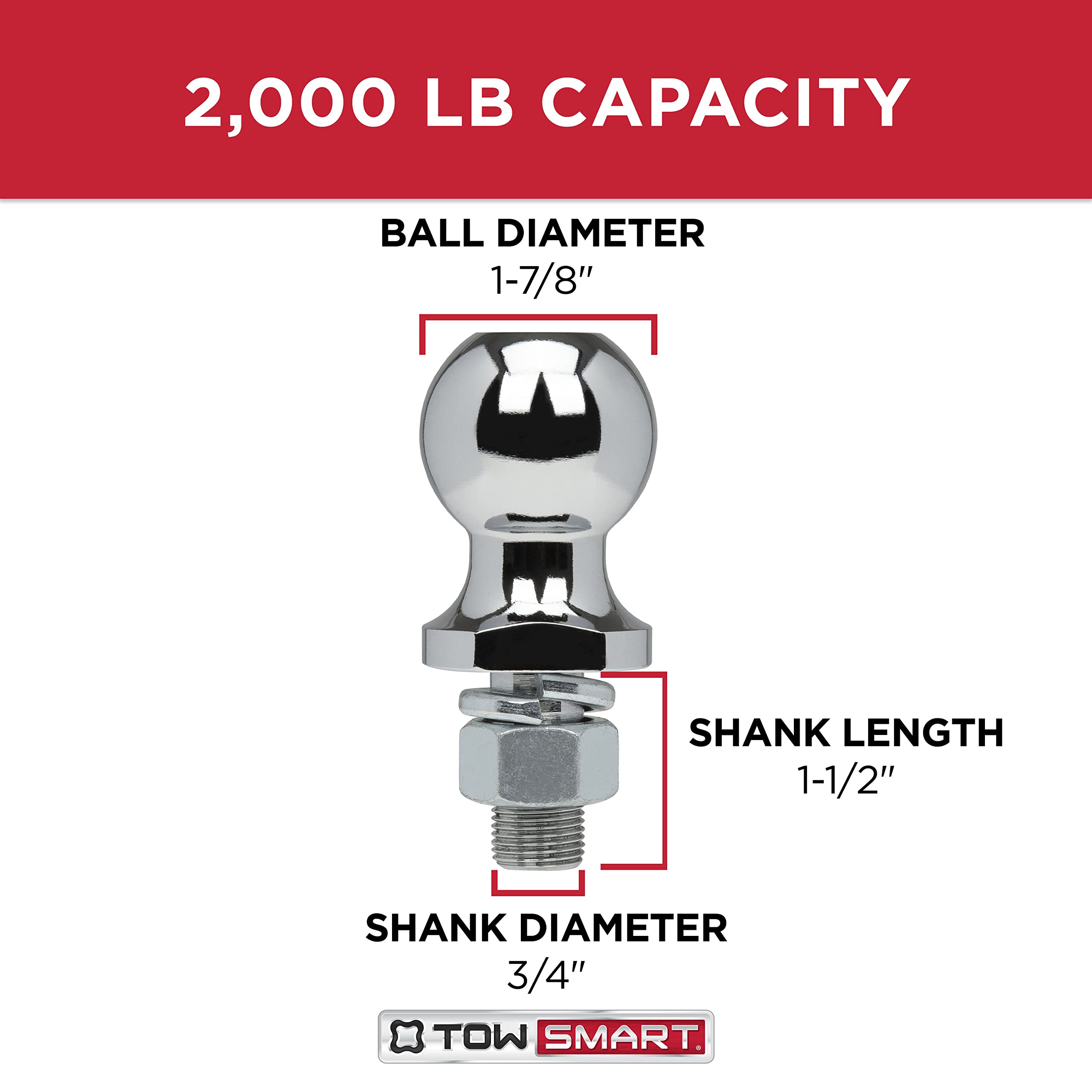 Class I TOWSMART Chrome Trailer Hitch Ball, 2,000 lb., 1-7/8 in. Ball Diameter, 3/4 in. x 1-1/2 in. Shank