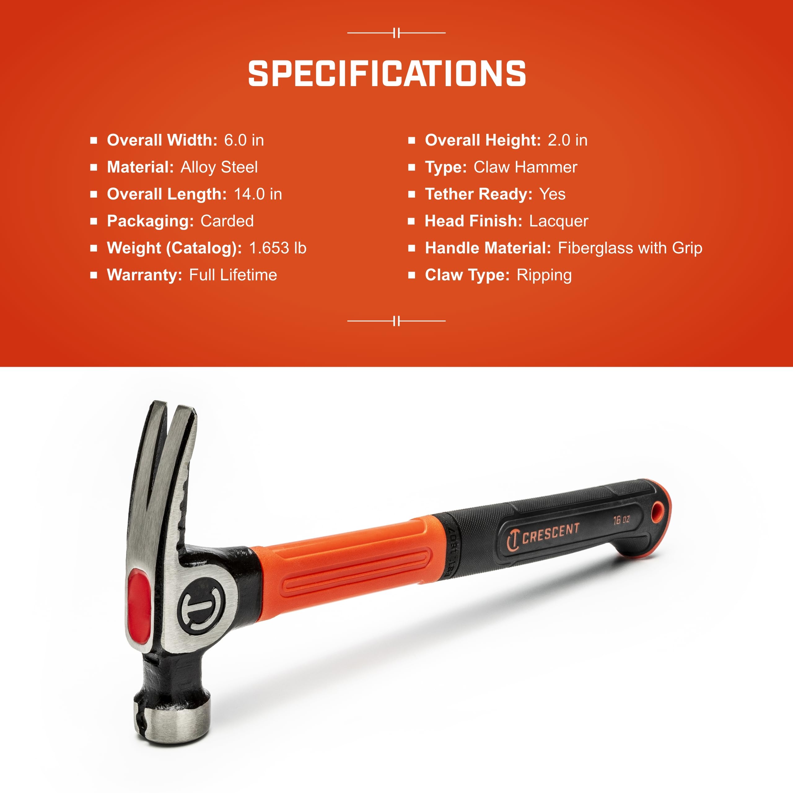 Crescent General Purpose Fiberglass Hammer - Claw Hammer with Magnetic Nail Starter & Vibeguard Technology - Premium Hand Tool - 16 oz - CHFGP16