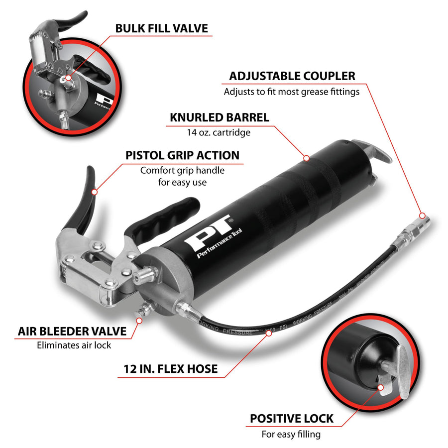 14oz Performance Tool W54204 Professional Pistol Grip Grease Gun, Ergonomic and Efficient Lubrication Solution for Industrial and Automotive Applications.