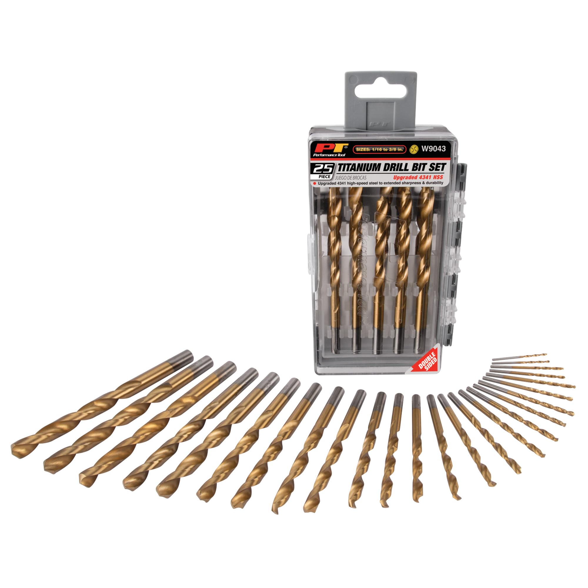 25 Piece Performance Tool W9043 Titanium-Nitride Coated Drill Bit Set with 4341 High-Speed Steel and Clear Case