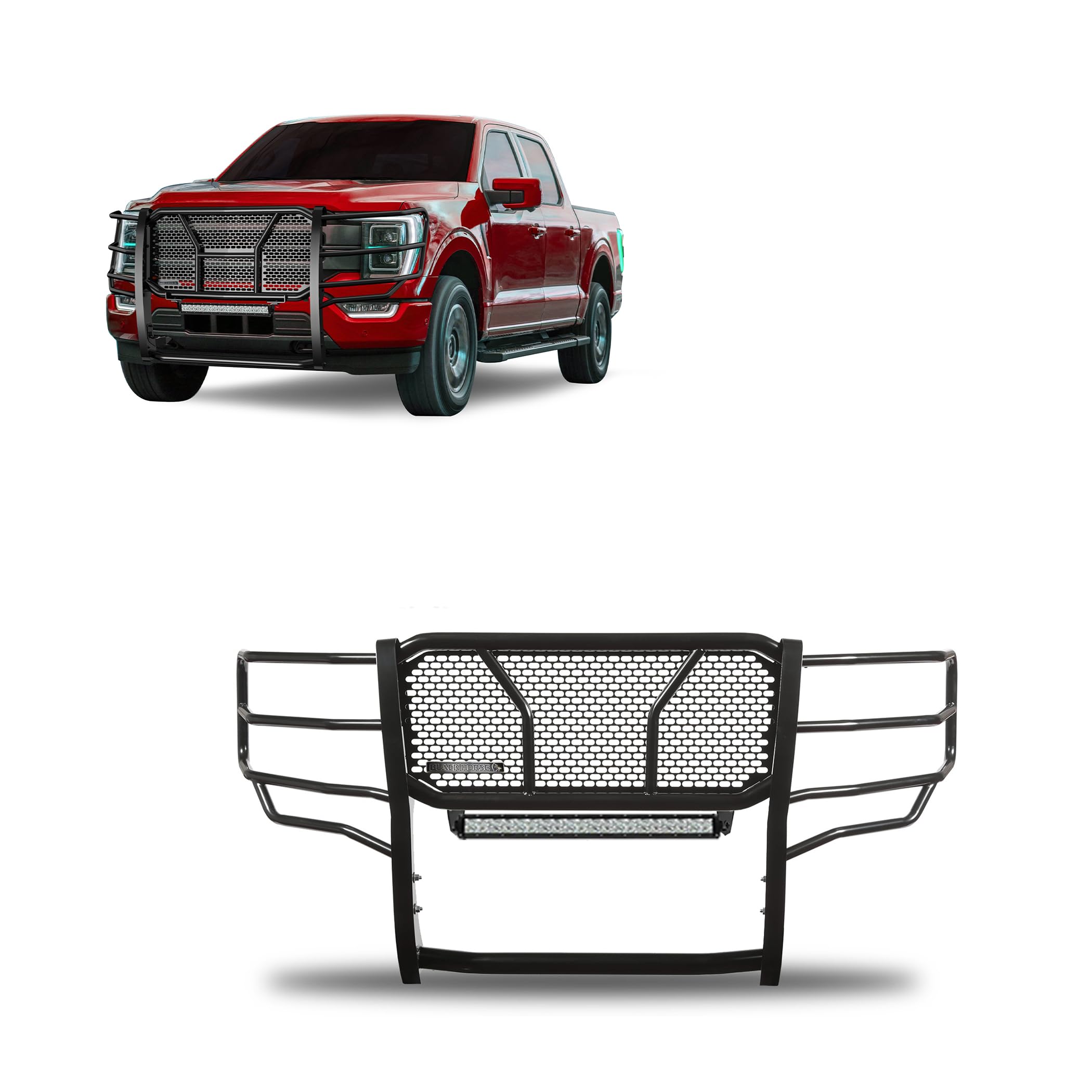 RUGGED Black Horse Heavy Duty Grille Brush Bumper Guard Modular Black Compatible with 2021-2024 Ford F-150-RU-FOF116-B-K1