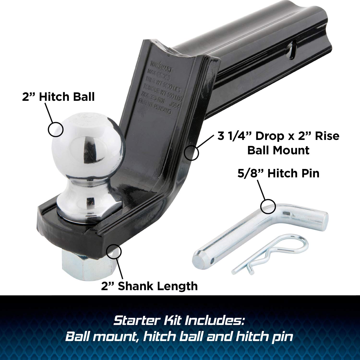 Class III TOWSMART XMount Starter Kit - with 2" Ball and 5/8" Standard Pin - 3-1/4" Drop x 2" Rise - 5,000lb Max Trailer Weight - Fits 2" Receivers - Patented XMount Design