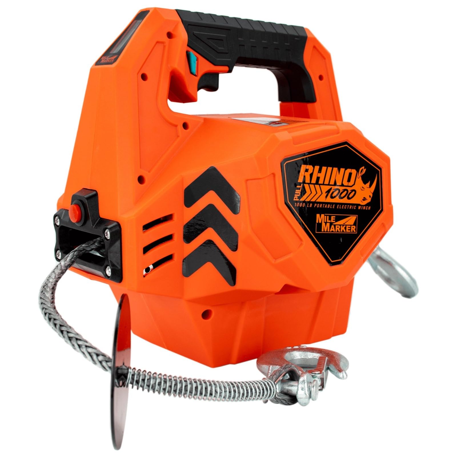 Rhino Pull 1000 Mile Marker Portable Electric Winch | 39 Feet of Synthetic Rope | Lifts or Pulls Up to 1000 Pounds | Brushless Motor | Variable Speed | Wired & Wireless Remote
