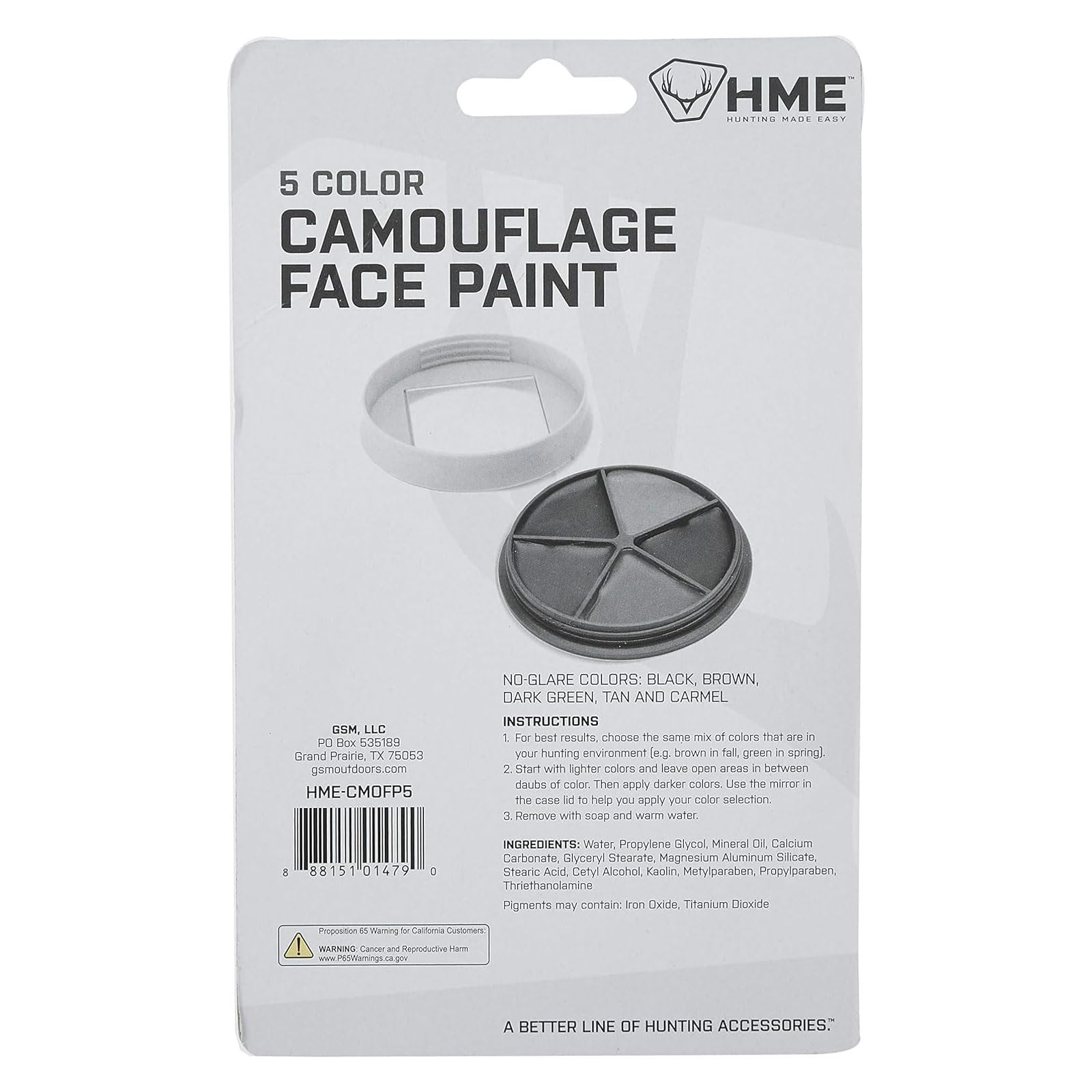 Camo Face Paint Kit HME with Mirror - Long-Lasting Non-Glare Easy-to-Use Concealment Makeup for Hunting in Compact Case, 5 Colors