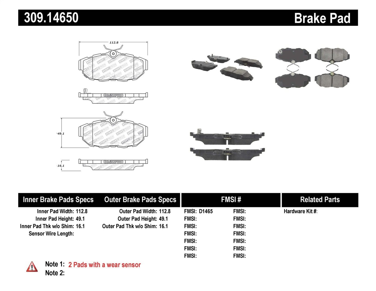 Sport Brake Pads StopTech 309.14650 with Shims and Hardware