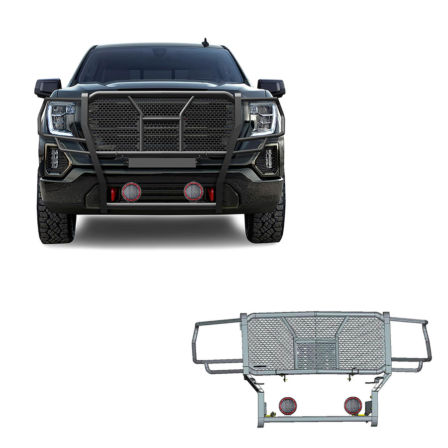 Heavy Duty Black Horse Rugged Grille Brush Bumper Guard Modular Black Come with Pair of 5.3" Dia.LED Lights with Red Trim Rings Compatible with 2019-2021 GMC Sierra 1500-RU-GMSI19-B-PLFR