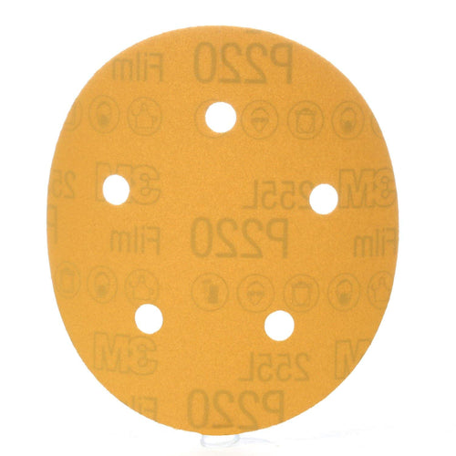 3M Gold Hookit Film D/F Disc 255L, Aluminum Oxide, Dry Only, 5" Diameter, P220 Grit, Gold (Pack of 1)