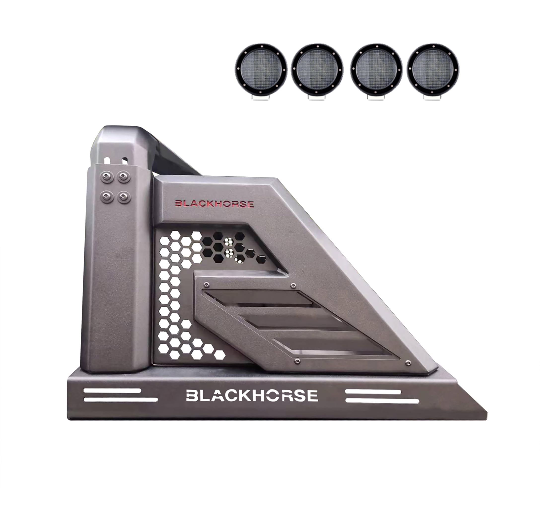 Armour II Black Horse Roll Bar Incl. Set of 5.3" Dia.LED Lights w/Black Trim Rings Compatible with 2019-2024 Jeep Gladiator-AR2-09B-PLFB