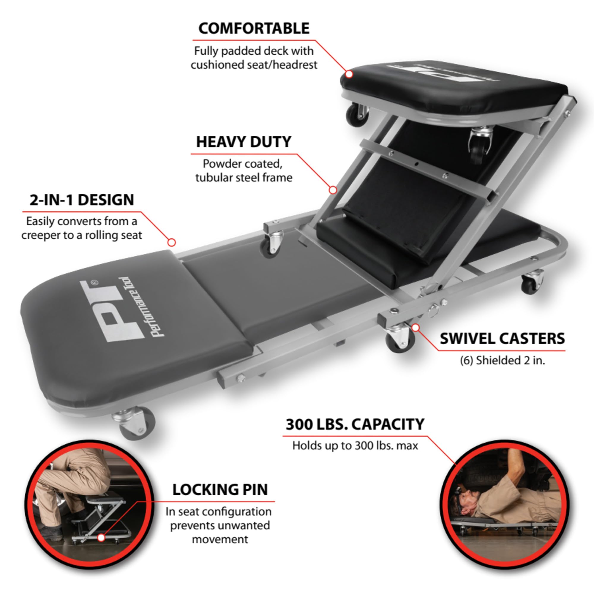 40-Inch Performance Tool W85018 Folding Creeper Rolling Seat, All-in-One Adjustable Roller Garage Chair, Lay Down or Sit, 330LBS Capacity Under Car Roller Creeper with 6 Swivel Casters