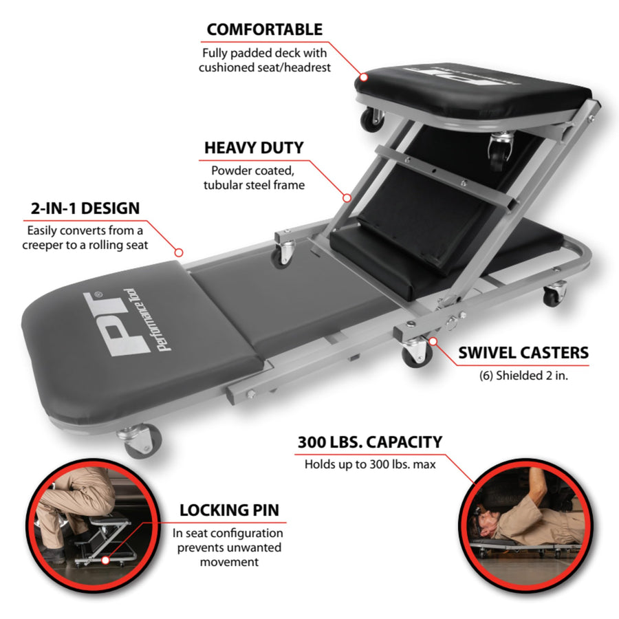 40-Inch Performance Tool W85018 Folding Creeper Rolling Seat, All-in-One Adjustable Roller Garage Chair, Lay Down or Sit, 330LBS Capacity Under Car Roller Creeper with 6 Swivel Casters