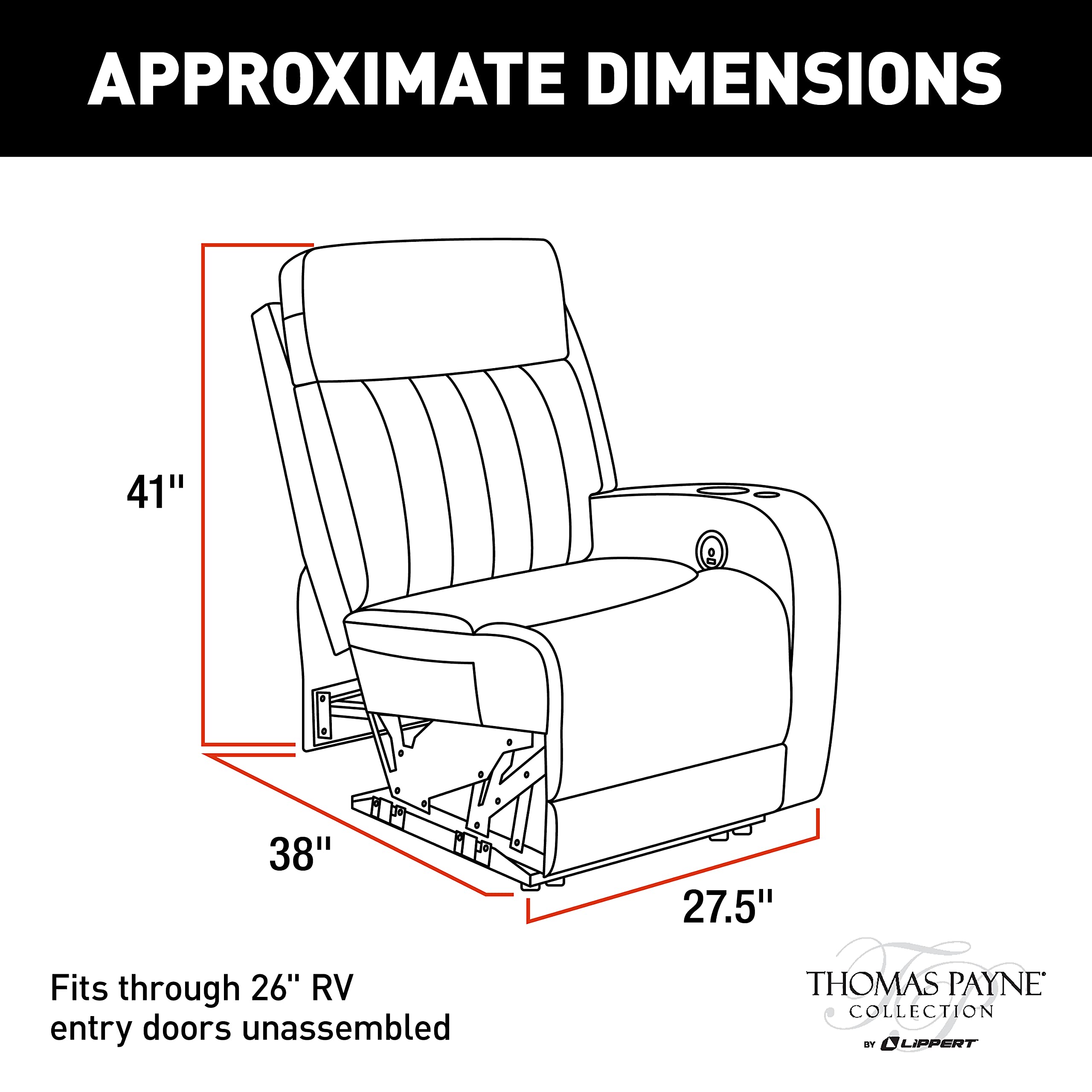 Thomas Payne® Luxury RV Theater Seating Seismic Series Recliner - Left Hand Configuration, Millbrae – Remote Control Power Recline, Massage and Lumbar – Power Port Accessory Compatible – 2020129321