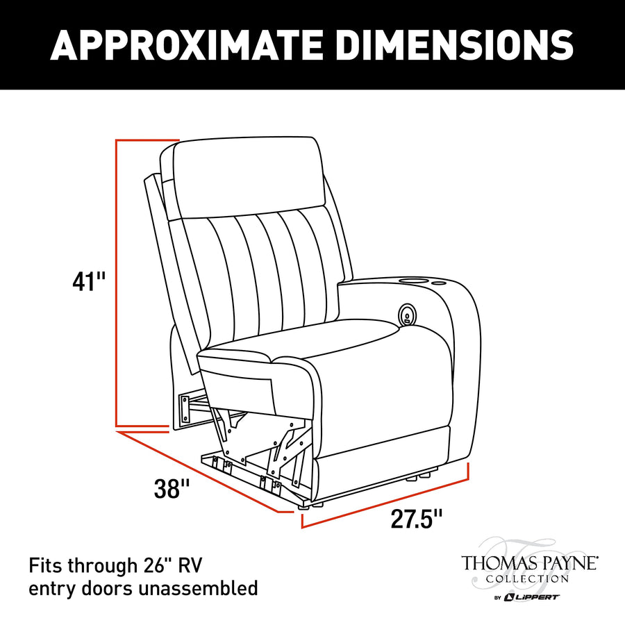 Thomas Payne® Luxury RV Theater Seating Seismic Series Recliner - Left Hand Configuration, Norlina – Remote Control Power Recline, Massage and Lumbar – Power Port Accessory Compatible – 2020129337