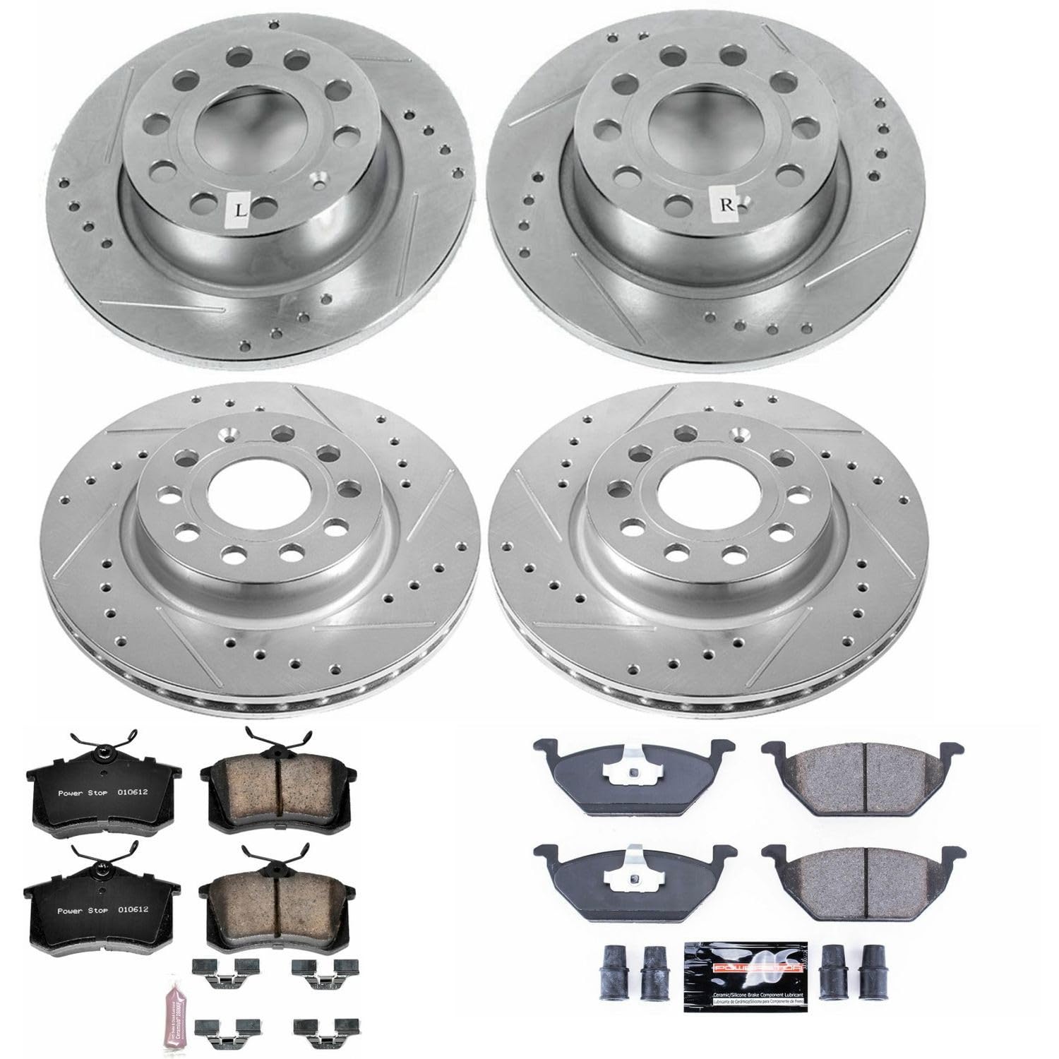 Power Stop K7242 Z23 Carbon Fiber Brake Pads Front and Rear with Drilled & Slotted Brake Rotors Kit For Volkswagen Jetta 2013-2015 [Model Specific]