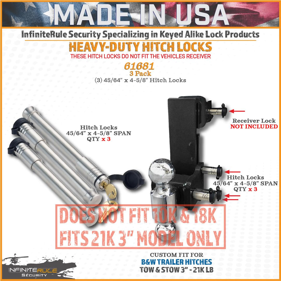 3 Pack, Keyed Alike, Hitch Locks for B&W 21K LB Tow and Stow 3" Hitch - Fits Adjustable Ball Mount Only - Does NOT FIT Vehicle Receiver
