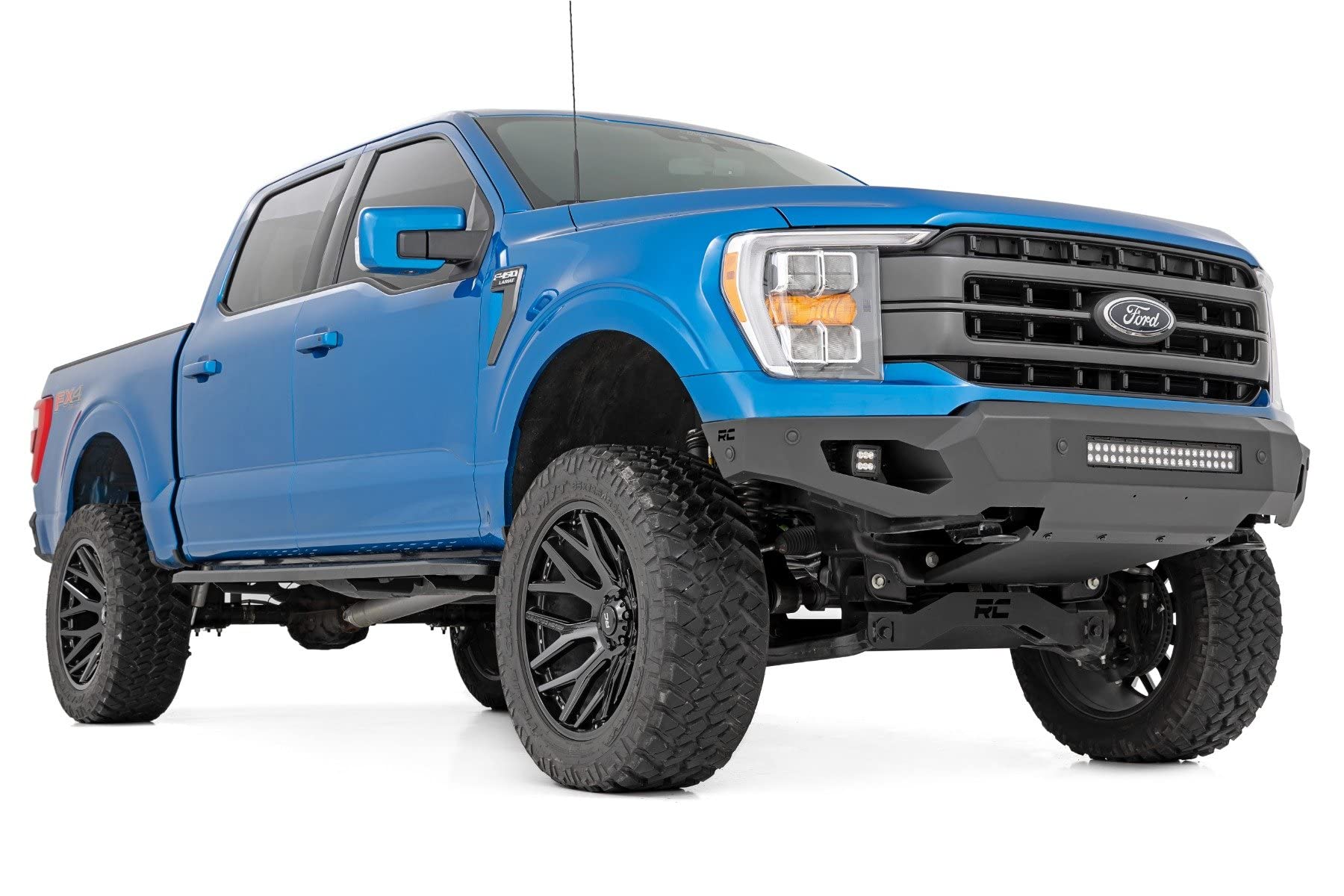 Rough Country Front High Clearance LED Bumper for Ford F-150 (2021–2023) - Steel Off-Road Protection w/Skid Plate, 20" Light Bar & 2" LED Cubes