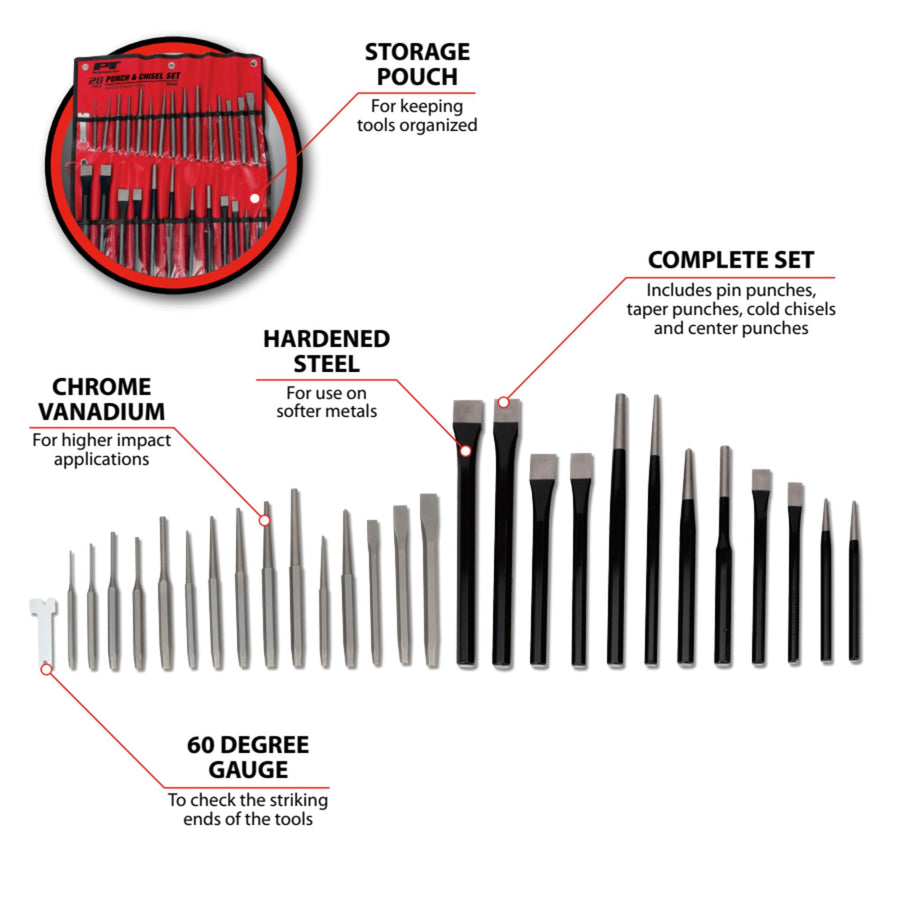 W754 Performance Tool 28-Piece Punch and Chisel Set - Strong Chrome Vanadium Steel, Heat Treated and Tempered Carbon Steel, with Roll-Up Storage Pouch