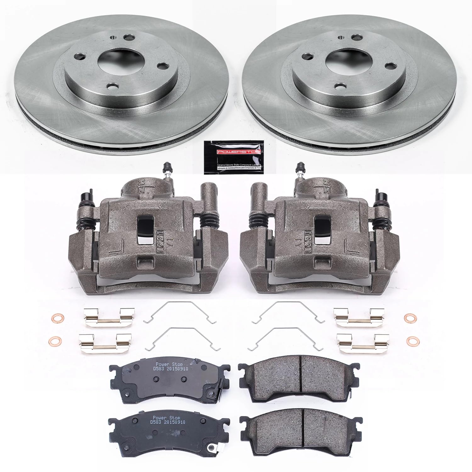 Power Stop KCOE5031 Front Caliper Brake Kit- Brake Rotors, Ceramic Brake Pads and Brake Calipers For Mazda Protege 1999-2000 [Model Specific]