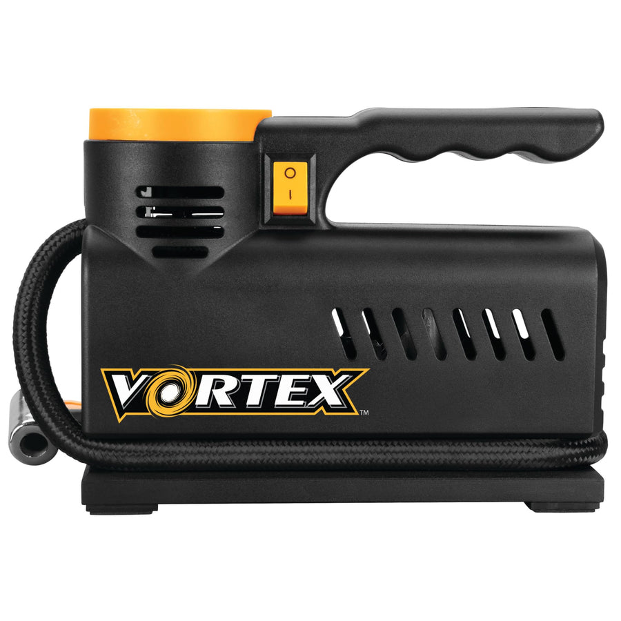 Vortex Performance Tool W7900 12V Compact Tire Inflator w/LED Light, Lever-Locking Air Chuck, Long Power Cord, Three Nozzles, Black