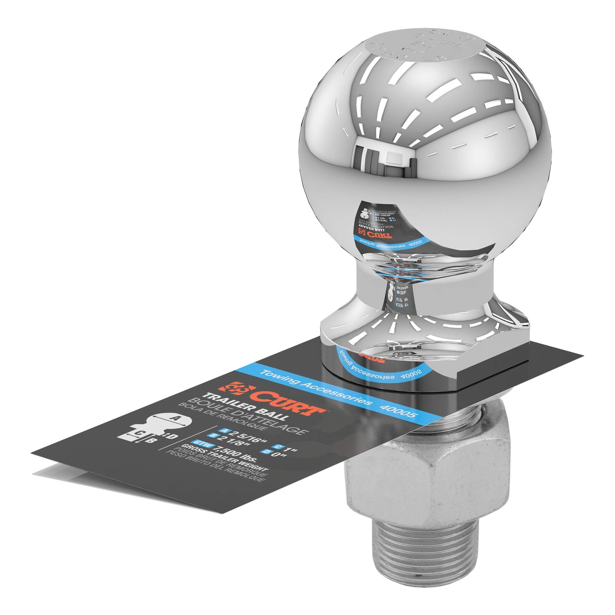 CURT 40005 Trailer Hitch Ball Chrome, 7,500 lbs, 2-5/16-Inch Diameter, 1 x 2-1/8-Inch Shank