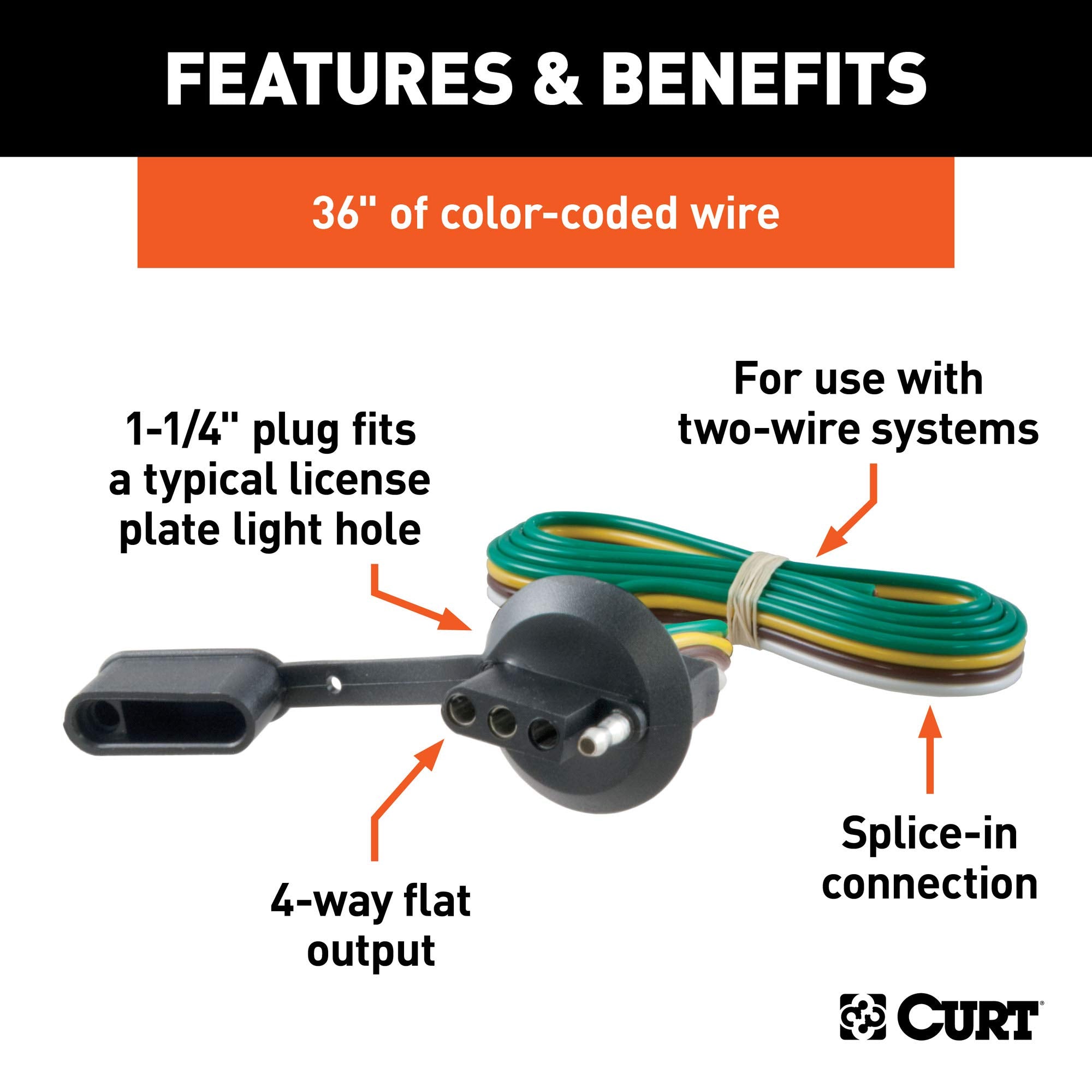 CURT 57405 4-Pin Flat Trailer Wiring Harness Vehicle-Side with 36-Inch Wires, Fits 1-1/4-Inch License Plate Light Hole