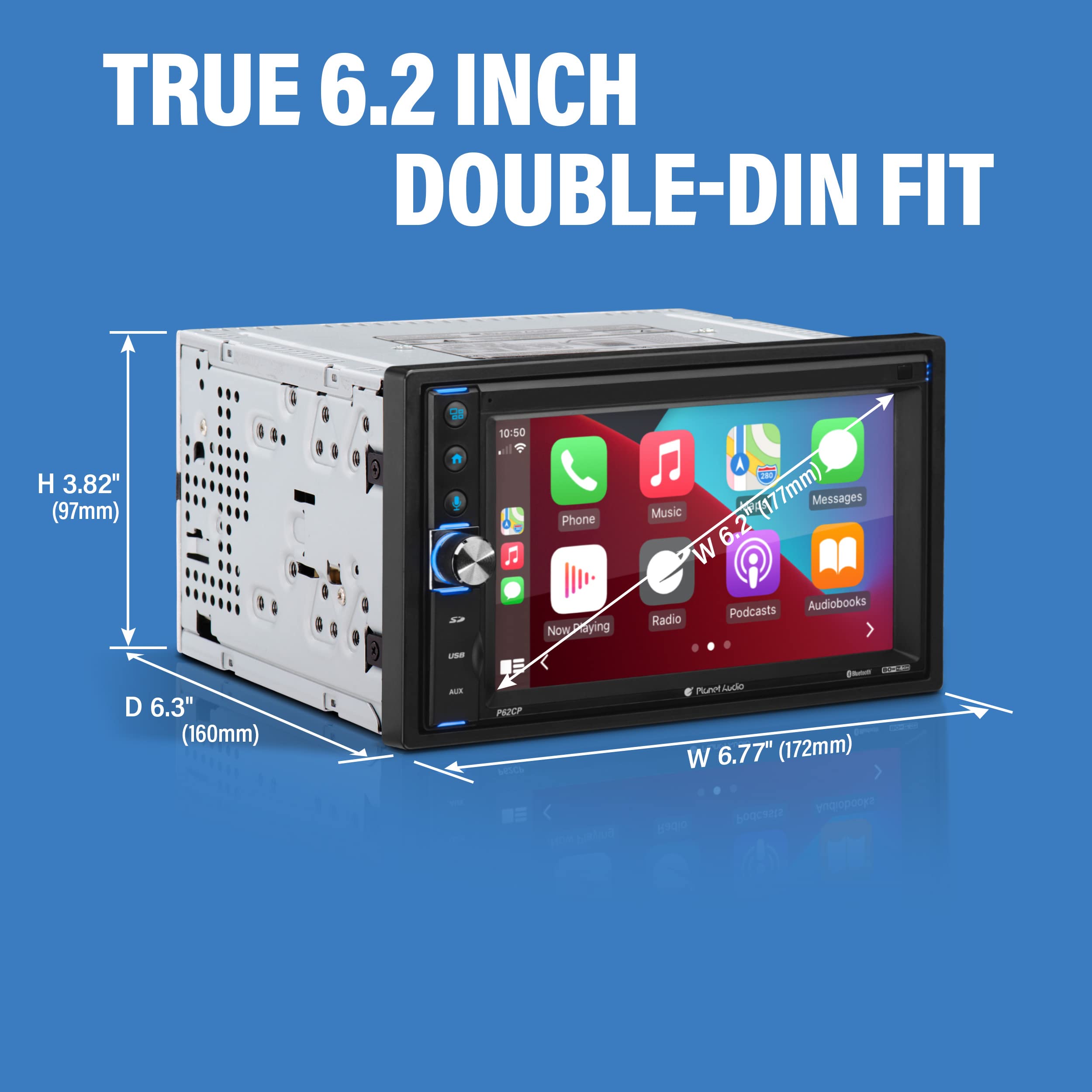 P62CP Planet Audio Car Audio Stereo System - Apple CarPlay, 6.2 Inch Double Din, Touchscreen, Bluetooth Audio and Hands-Free Calling, USB, SD, AM/FM Radio Receiver, No CD Player