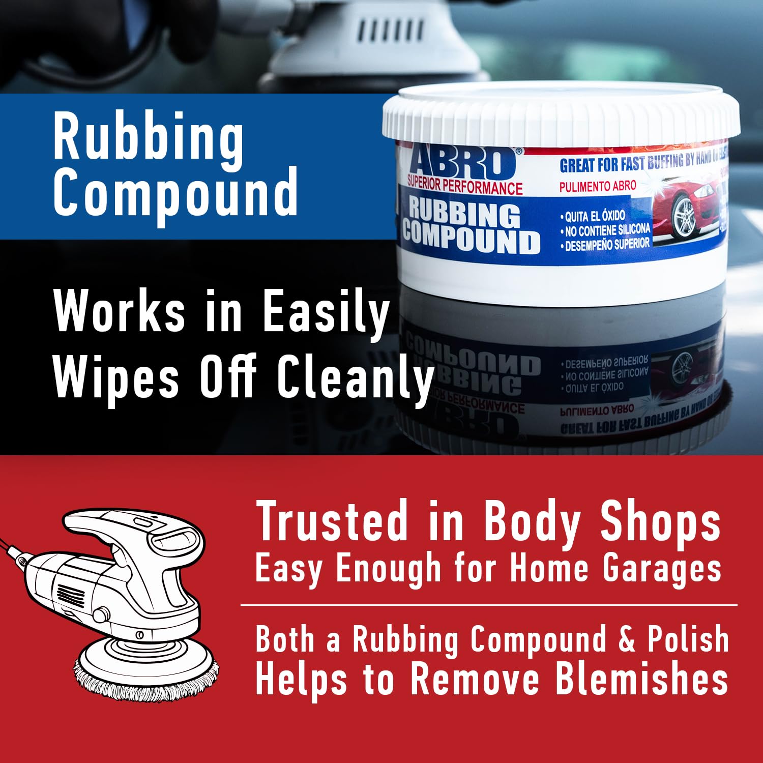 ABRO Automotive Superior Performance Rubbing Compound for Oxidized Finishes, Buff, Shine, Smooth, & Clean, Scratch Remover for Vehicles, Boats, & Bikes - 10 oz.