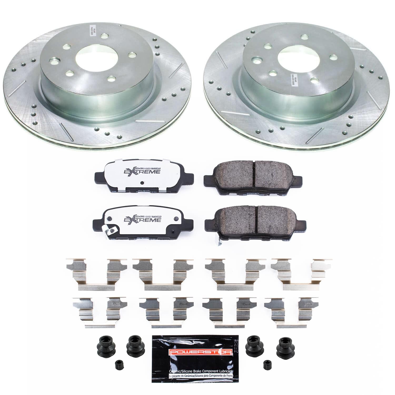 Rear Z26 Carbon-Fiber Ceramic Brake Pads POWERSTOP with Drilled and Slotted Rotors Brake Kit For INFINITI EX35 2008-2009, INFINITI M35 2010, INFINITI M45 2010, Nissan 370Z 2009 [Vehicle Specific]