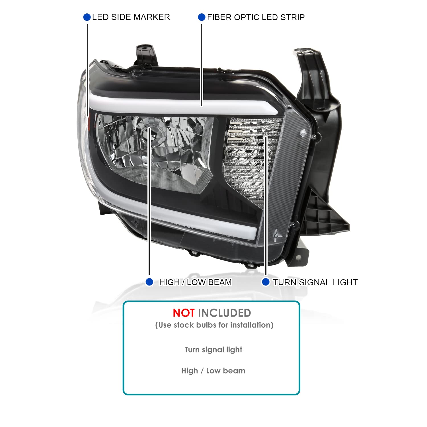 Black Headlights w/LED Tube SPEC-D TUNING Compatible with 2014-2021 Toyota Tundra, Left + Right Pair Headlamp Assembly