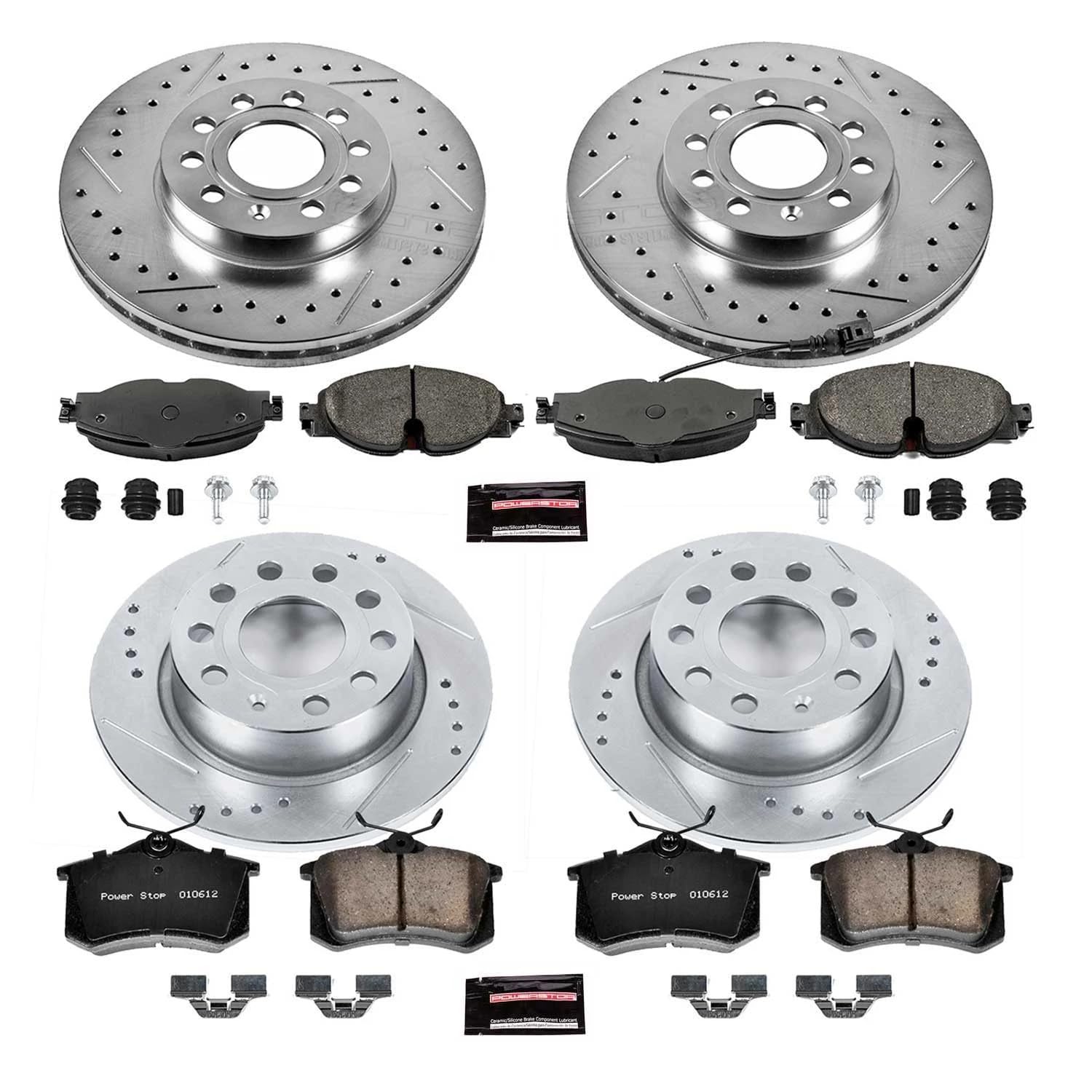 Power Stop K7109 Z23 Carbon Fiber Brake Pads Front and Rear with Drilled & Slotted Brake Rotors Kit and 1 Front Sensor Wire