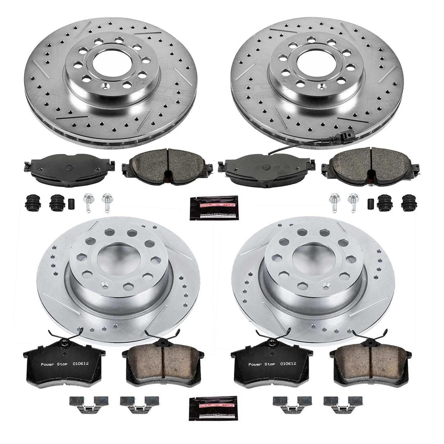 Power Stop K7109 Z23 Carbon Fiber Brake Pads Front and Rear with Drilled & Slotted Brake Rotors Kit and 1 Front Sensor Wire