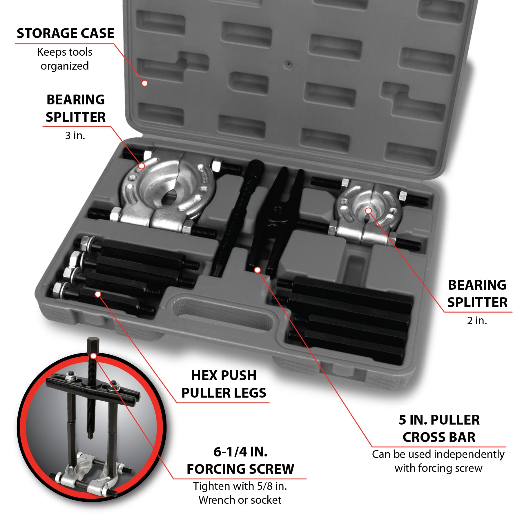 5-Ton Performance Tool W87128 Bearing Separator Kit with Bar Puller, 2-Inch and 3-Inch Splitters, Hex Push Puller Legs, and Storage Case for Pulling Jobs