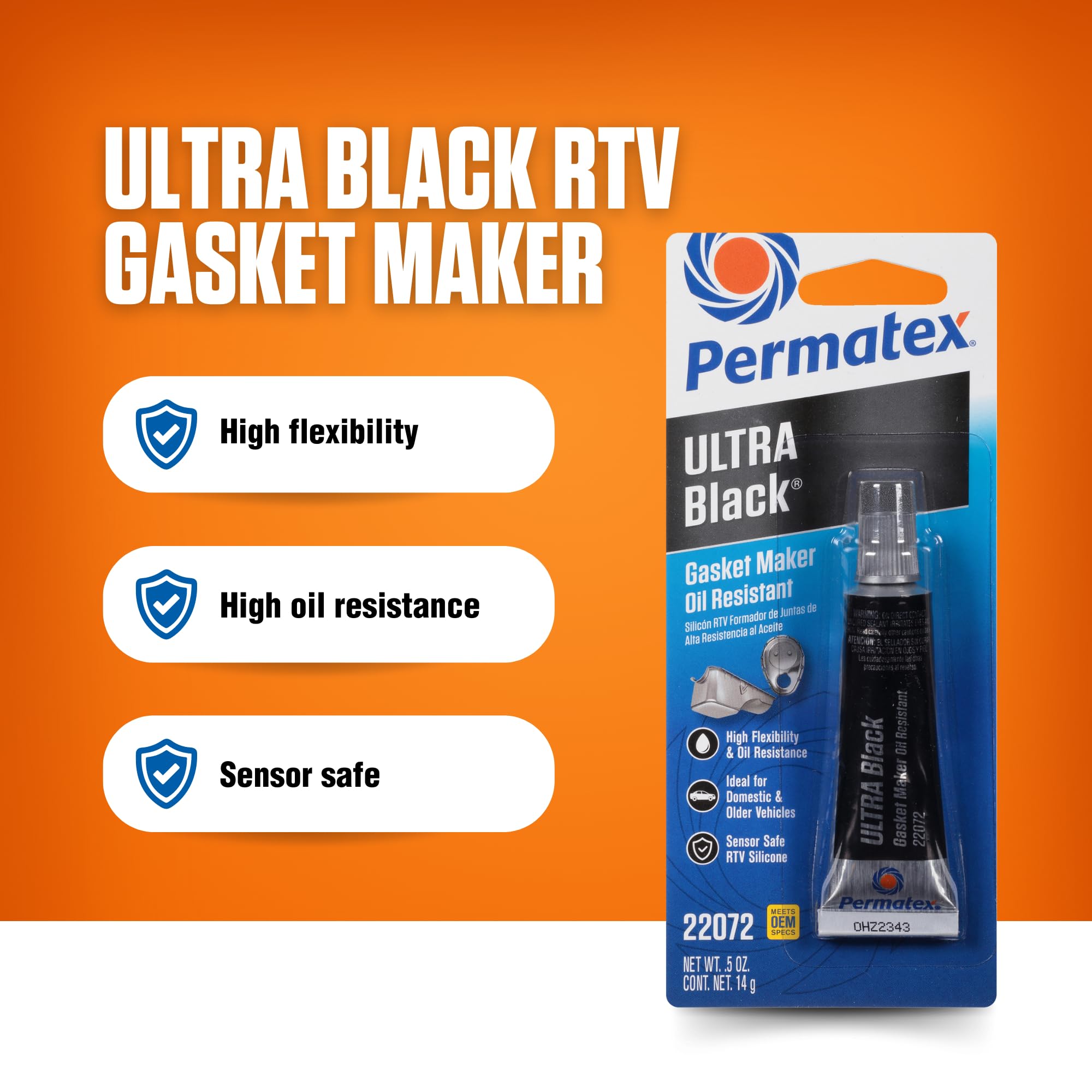 Permatex Ultra Black 22072 Maximum Oil Resistance RTV Silicone Gasket Maker, Sensor Safe And Non-Corrosive, For High Flex And Oil Resistant Applications 0.5 oz