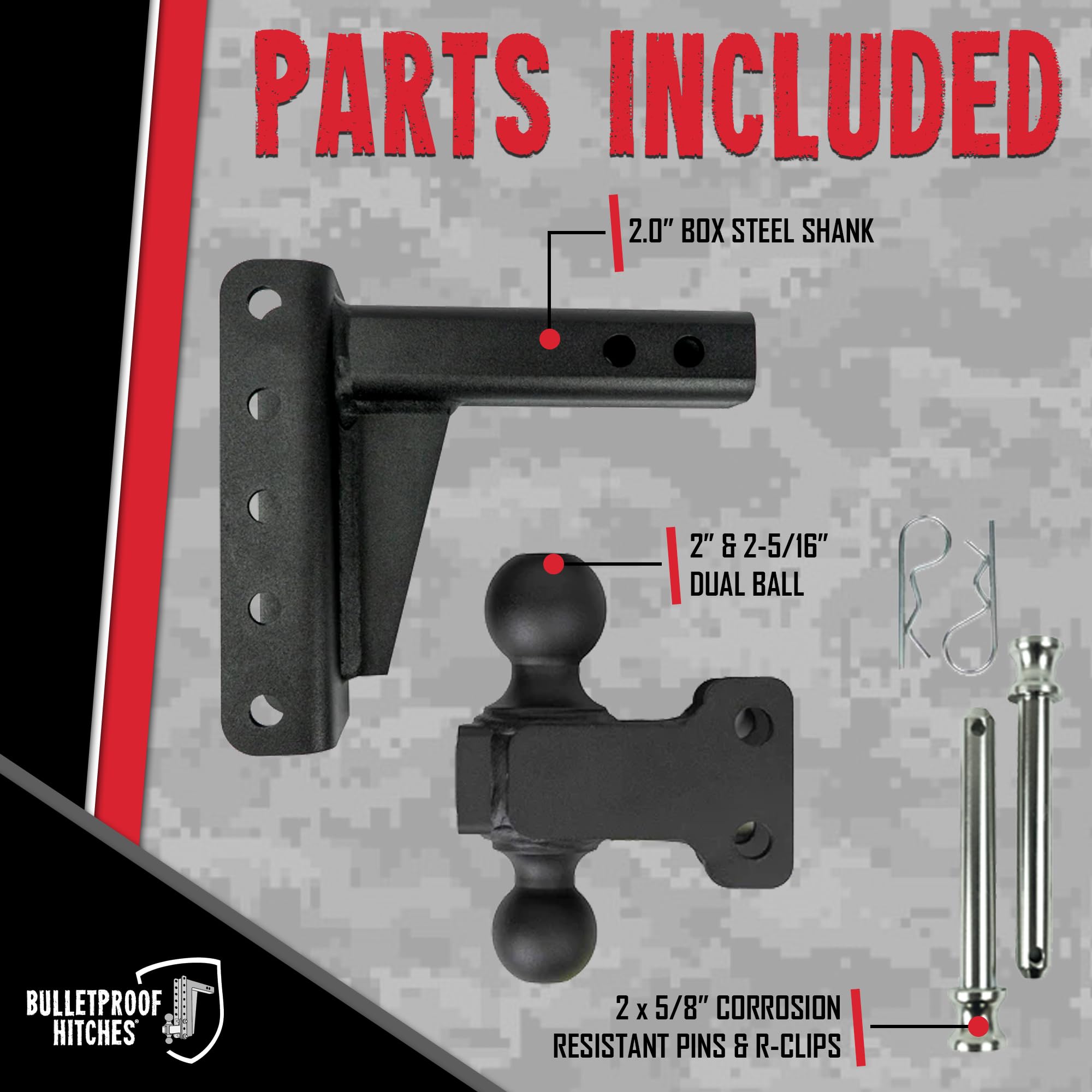 2.0" BulletProof Hitches Adjustable Medium Duty Trailer Hitch (14,000 lb. Rating) - 4" Drop/Rise Trailer Hitch with 2" & 2-5/16" Dual Ball - Powder Coat, Box Steel, Corrosion-Resistant